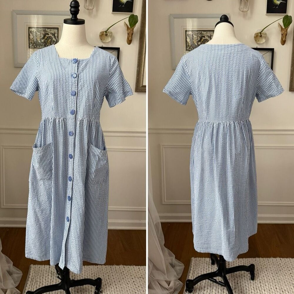 The Vermont Country Store Blue Stripe Seersucker Short Sleeve Buttonfront Dress